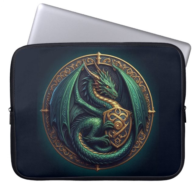 Housse Pour Ordinateur Portable Dragon vert avec Bouclier (Devant)