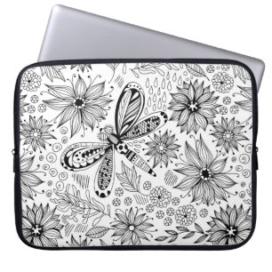 Housse Pour Ordinateur Portable Dragonfly et doodle de fleurs