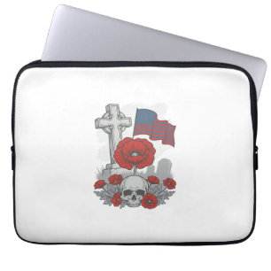 Housse Pour Ordinateur Portable Drapeau de pavot commémoratif Croix Gravure Vintag