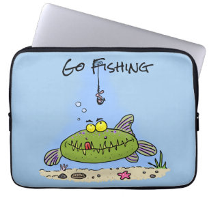Housse Pour Ordinateur Portable Drôle gras affamé poisson vert dessin de pêche