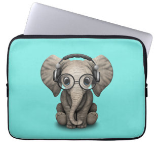Housse Pour Ordinateur Portable Écouteurs de port et verre du DJ d'éléphant mignon
