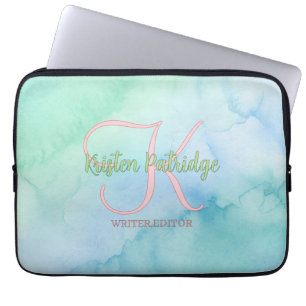 Housse Pour Ordinateur Portable éditeur aquarelle bleu vert nom de l'écrivain mono