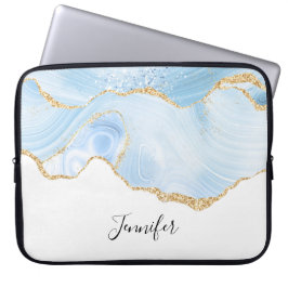 Housse Pour Ordinateur Portable Élégant Cool Bleu Agate avec ruban Parties scintil
