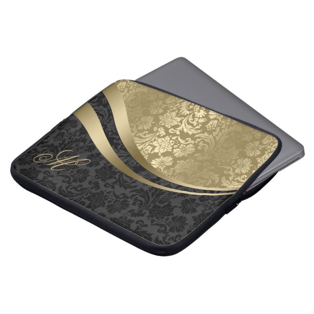 Housse Pour Ordinateur Portable Élégant Damas Noir Et Or Bandes Dynamiques 2 (Devant haut)