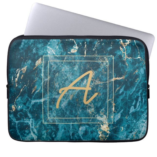 Housse Pour Ordinateur Portable Elégant de luxe Blue Gold Marble Effet Monogramme (Devant)