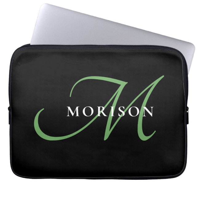 Housse Pour Ordinateur Portable Élégant Monogramme moderne noir vert Script (Devant)