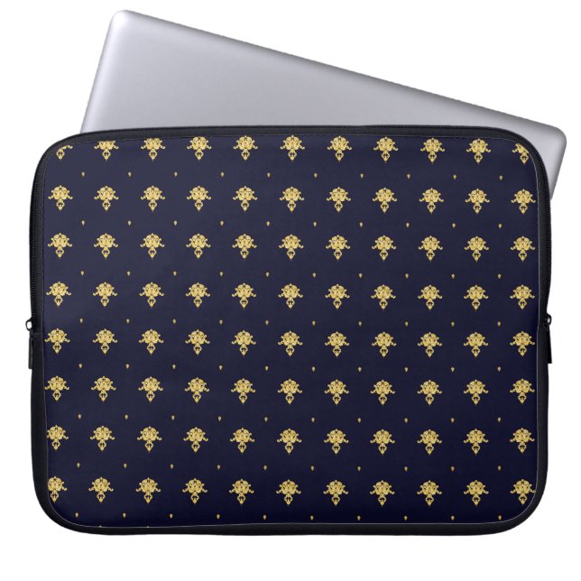 Housse Pour Ordinateur Portable Elegant Navy Blue et Gold Damask (Devant)