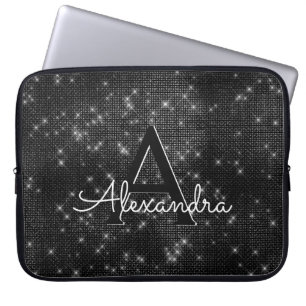 Housse Pour Ordinateur Portable Élégant noir et blanc Étoiles scintillantes Monogr