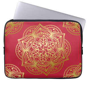Housse Pour Ordinateur Portable Elégant or et Motif rouge Mandala
