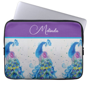 Housse Pour Ordinateur Portable Elégant Peacock Aquarelle Peinture Bleue