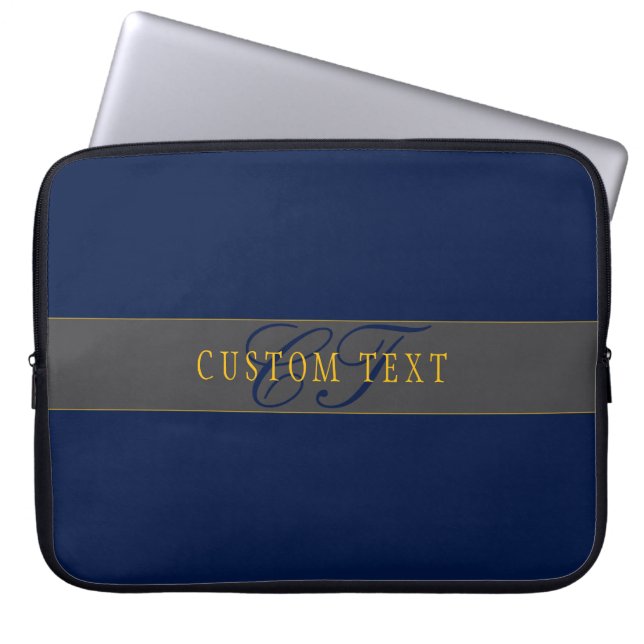 Housse Pour Ordinateur Portable Élégant Script Monogram Dark Navy Blue Grey & Gold (Devant)