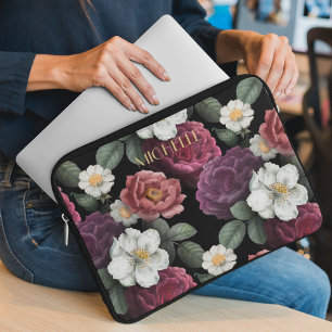 Housse Pour Ordinateur Portable Élégant Vintage Floral Roses Nom personnalisé