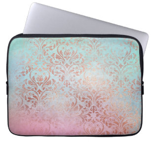 Housse Pour Ordinateur Portable Elégante aquarelle en or damassé rose de poulet