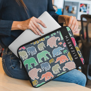 Housse Pour Ordinateur Portable Eléphants colorés, Motif d'éléphants, Votre nom