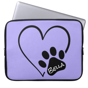 Housse Pour Ordinateur Portable Empreinte de patte de chien avec coeur et nom