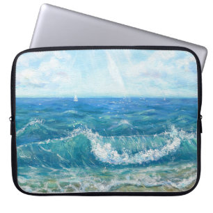 Housse Pour Ordinateur Portable Eté, vagues bleues, peinture acrylique.