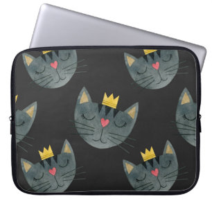 Housse Pour Ordinateur Portable Face de chat aquarelle, noir sans soudure.
