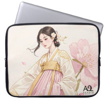 Femme élégante en Hanbok d'or avec fleurs de ceris