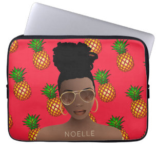 Housse Pour Ordinateur Portable Femme noire, Nuances d'or, Motif d'ananas, Rouge