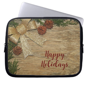 Housse Pour Ordinateur Portable Fête de Noël Golden Green Feuilles Rouge Russe