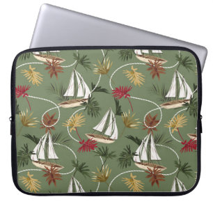 Housse Pour Ordinateur Portable feuilles tropicaux vintages, bateau et corde à voi