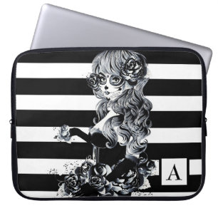 Housse Pour Ordinateur Portable Fille aux crânes de sucre jolis rayés noir et blan
