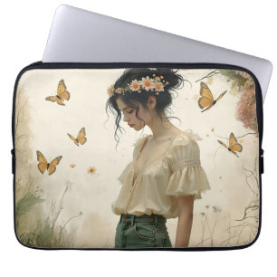Housse Pour Ordinateur Portable Fille éthérée avec papillons dans la nature