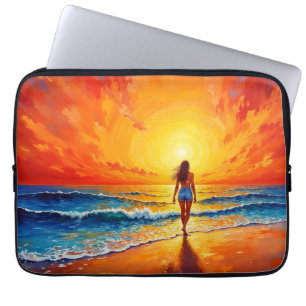 Housse Pour Ordinateur Portable Fille promenade sur la plage au coucher du soleil 