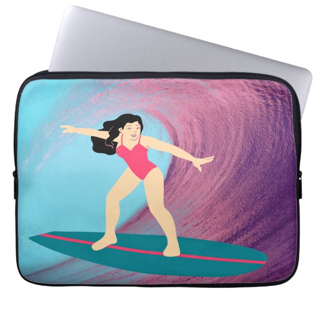 Housse Pour Ordinateur Portable Fille surfant au coucher du soleil. (Devant)