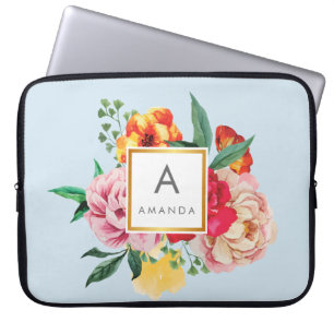 Housse Pour Ordinateur Portable Fille TRENDY Aquarelle Fleurs de pivoine Monogramm