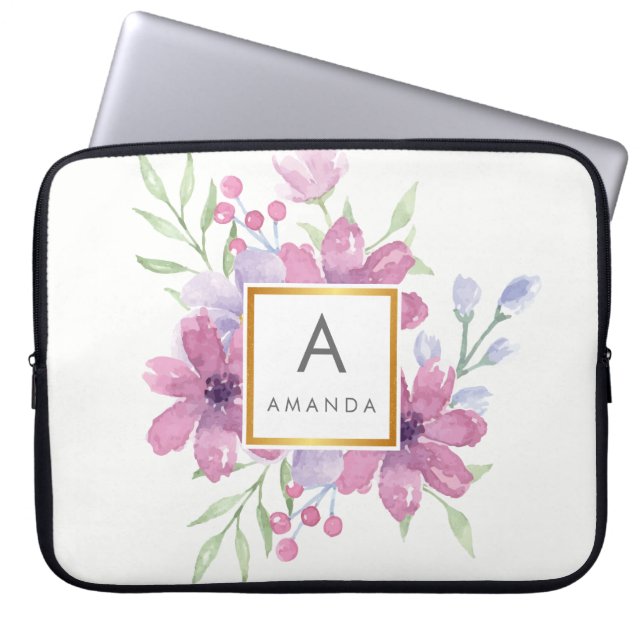 Housse Pour Ordinateur Portable Fille TRENDY Aquarelle PINK Peony Flower Monogramm (Devant)