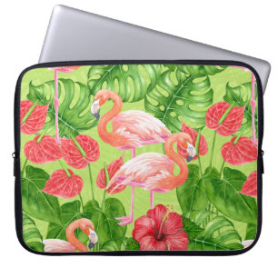 Housse Pour Ordinateur Portable Flamant rose et plantes tropicaux