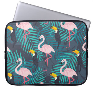 Housse Pour Ordinateur Portable Flamant rose, toucan : motif de feuilles tropicale