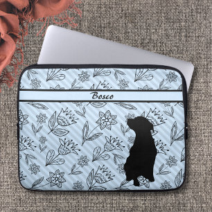 Housse Pour Ordinateur Portable Fleur bleu noir rayée avec silhouette de chien