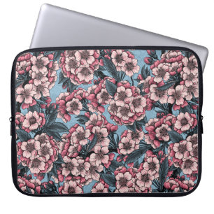 Housse Pour Ordinateur Portable Fleur de cerisier rose et bleu