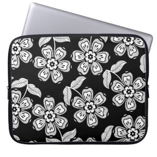 Housse Pour Ordinateur Portable Fleur de doodle noir et blanc motif noir, abstrait
