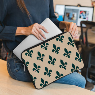 Housse Pour Ordinateur Portable Fleur de Lis Motif, Royal French Green on Cream
