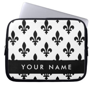 Housse Pour Ordinateur Portable Fleur de Lis, Noir sur Blanc, Noir, Votre Nom