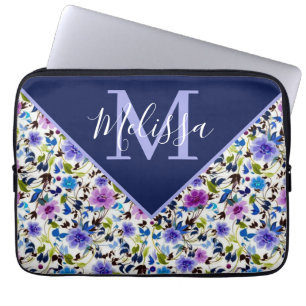 Housse Pour Ordinateur Portable Fleur personnalisée violette et bleue