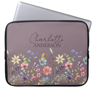 Housse Pour Ordinateur Portable Fleur sauvage botanique Nom personnalisé Hazy Purp