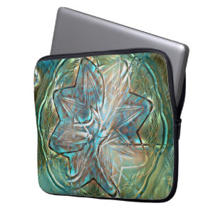 Housse Pour Ordinateur Portable Fleur verte et bleue brillante sur la texture de l