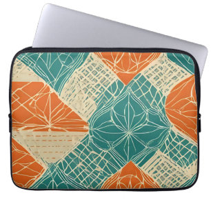 Housse Pour Ordinateur Portable Fleurs abstraites sarcelle, orange et chamois