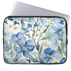 Housse Pour Ordinateur Portable Fleurs Bleues Blancs Aquarelle Chic