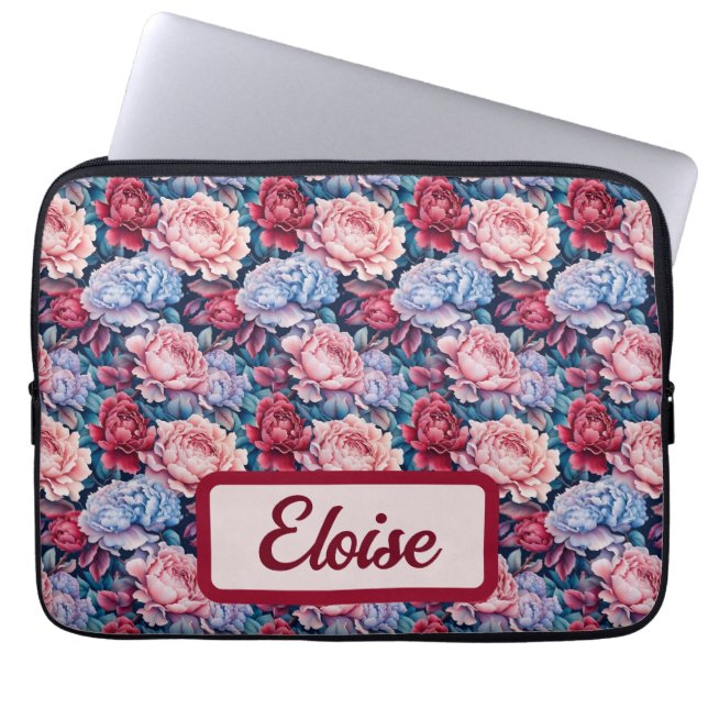 Housse Pour Ordinateur Portable Fleurs bleues et roses Personnalisées (Devant)