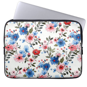 Housse Pour Ordinateur Portable Fleurs bleues et rouges