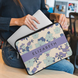 Housse Pour Ordinateur Portable Fleurs Bleues, Fleurs Violettes, Floral, Votre Nom