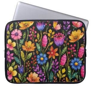 Housse Pour Ordinateur Portable Fleurs Colorées et Vibrantes sur Fond Noir