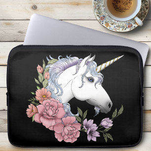 Housse Pour Ordinateur Portable Fleurs de licorne blanche enchantée rose noir