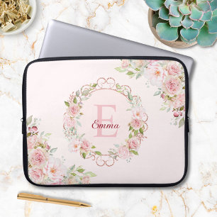 Housse Pour Ordinateur Portable Fleurs de rose rose poudré en aquarelle à monogram