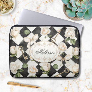 Housse Pour Ordinateur Portable Fleurs de rose vintage en diamant noir et blanc Mo